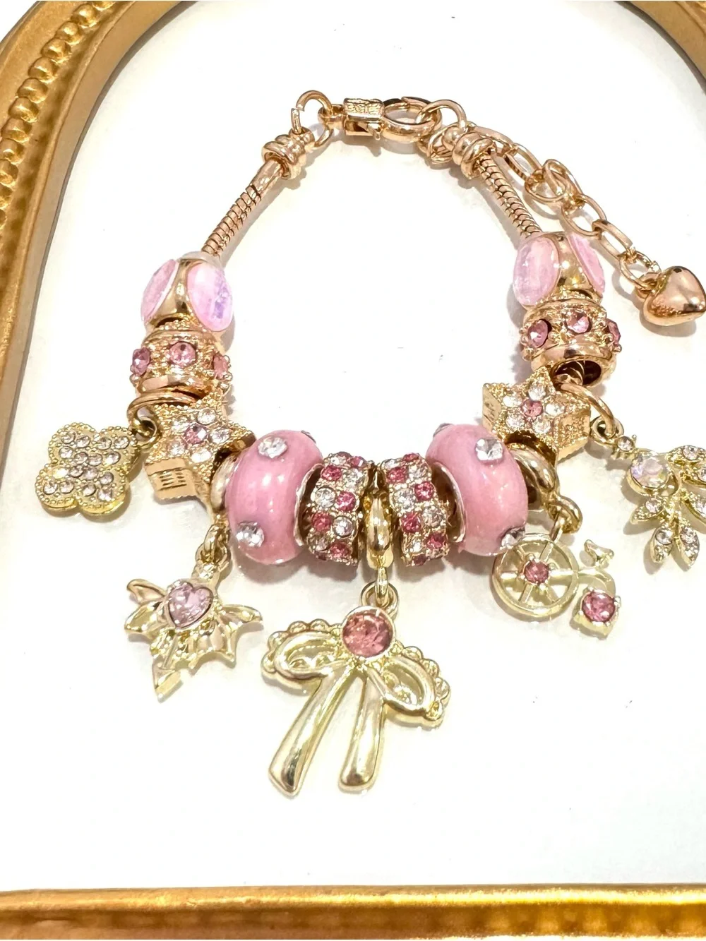 New Gold-Tone Pink Charm Bracelet with Enamel Beads and Crystal Accents 7 inches